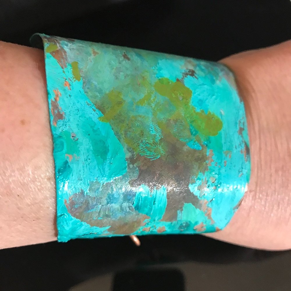 Green Copper Patina Wide Cuff Bracelet Handmade Rustic Artisan OOAK Verd…